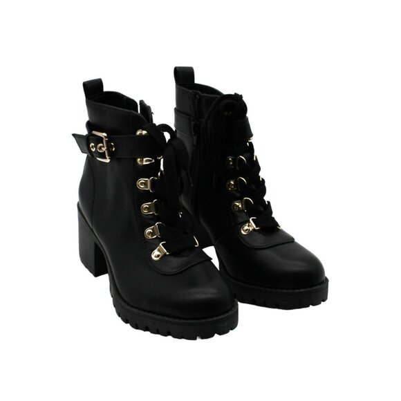 Wild Pair Shoes - Wild Pair Womens Black Buckle Combat & Lace-up Boots